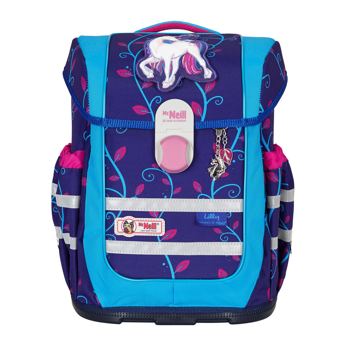 McNeill Schulranzen mit Einhorn "Lilly" Frontansicht mit 2 Seitentaschen, Drehschloss und Frontfach
