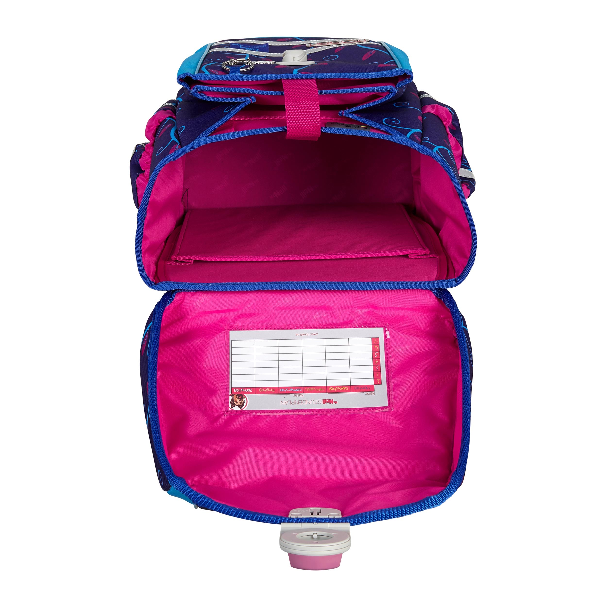 McNeill Schulranzen mit Einhorn "Lilly" Innenansicht mit extra Fach im Hauptraum und Frontfach für Federmapp