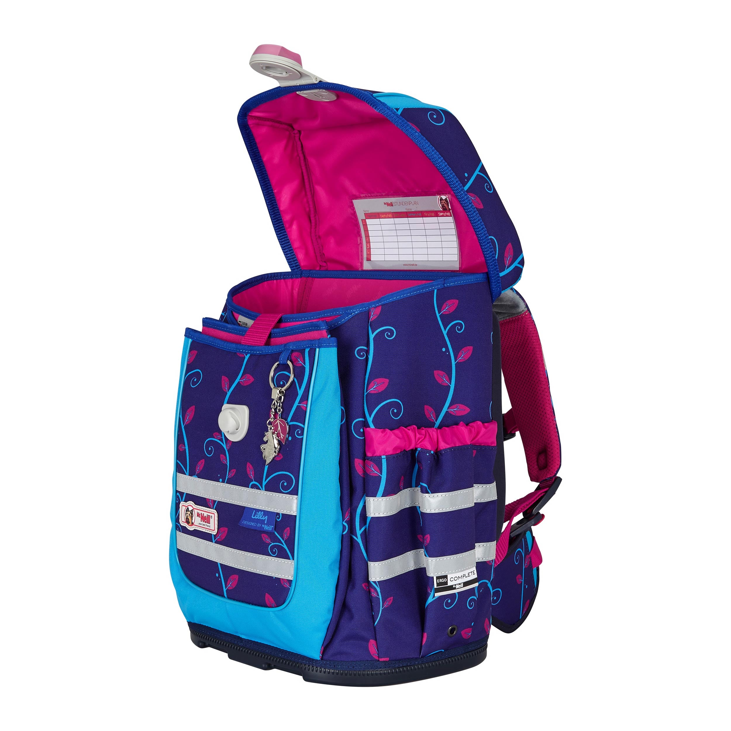 McNeill Schulranzen mit Einhorn "Lilly" seitlich Deckel geöffnet