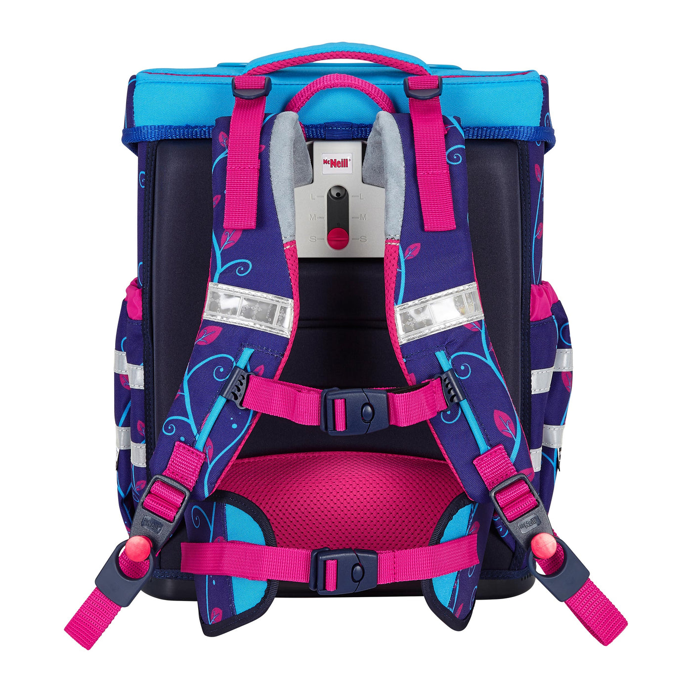 McNeill Schulranzen mit Einhorn "Lilly" Rückansicht mit Hüft- und Brustgurt, sowie gepolstertem Rückenbett