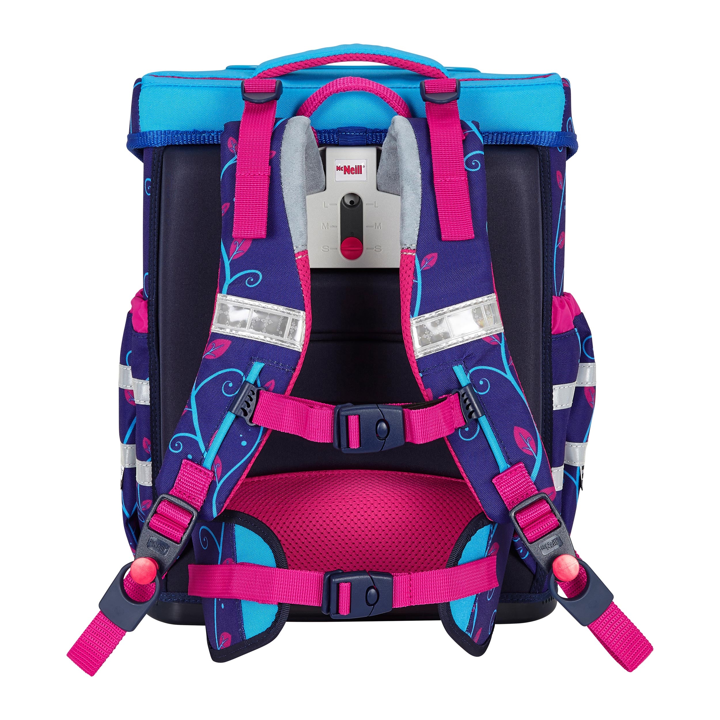 McNeill Schulranzen mit Einhorn "Lilly" Rückansicht mit Hüft- und Brustgurt, sowie gepolstertem Rückenbett