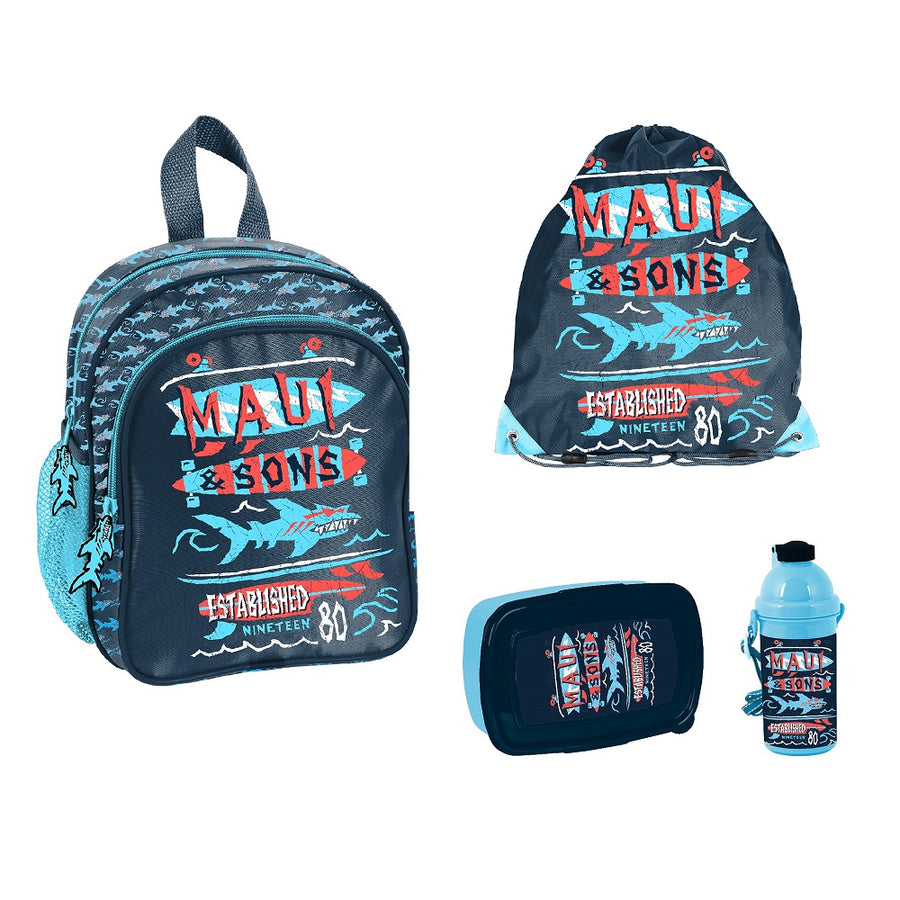 Kindergarten Rucksack Maui & Sons, Hai - Kita Tasche mit Tiermotiv (Set 4-tlg.)