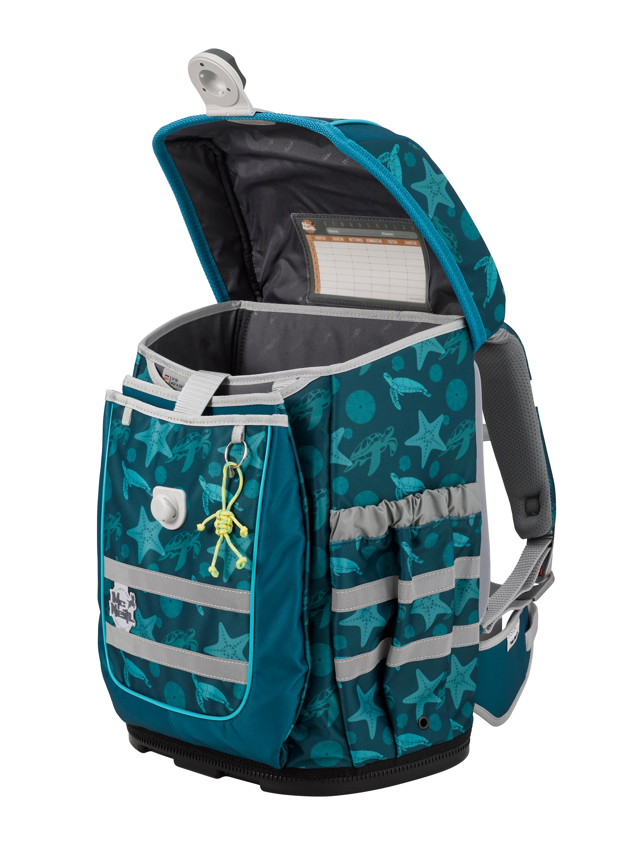 Türkis-Blauer McNeill Schulranzen Ergo Complete seitliche Ansicht Deckel geöffnet