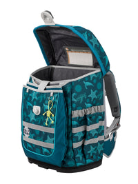 Türkis-Blauer McNeill Schulranzen Ergo Complete seitliche Ansicht Deckel geöffnet