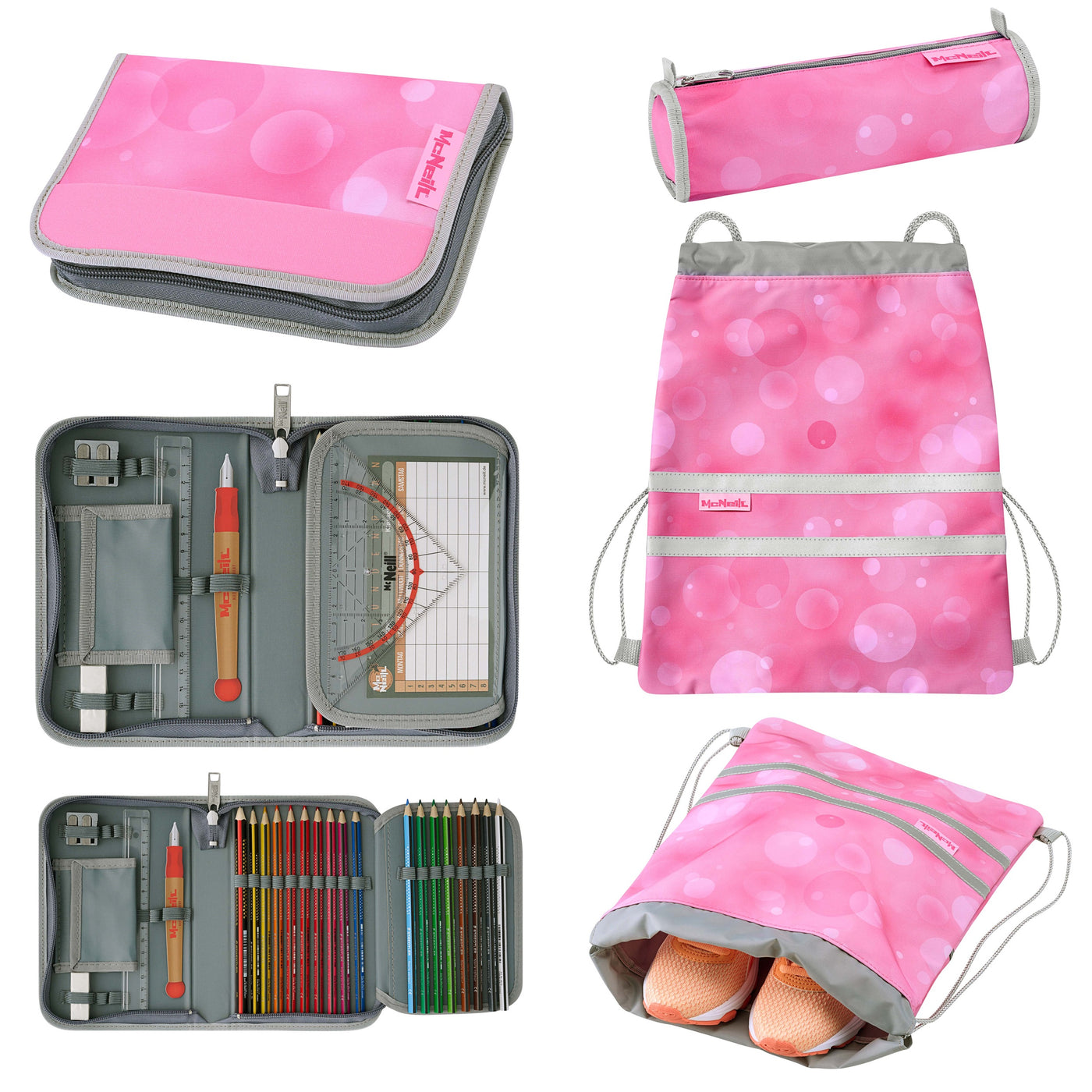 McNeill Schulranzen Ergo Complete im 5 teiligen Set mit Federmappe, Turnbeutel, Schlamperetui und Motivmagnet