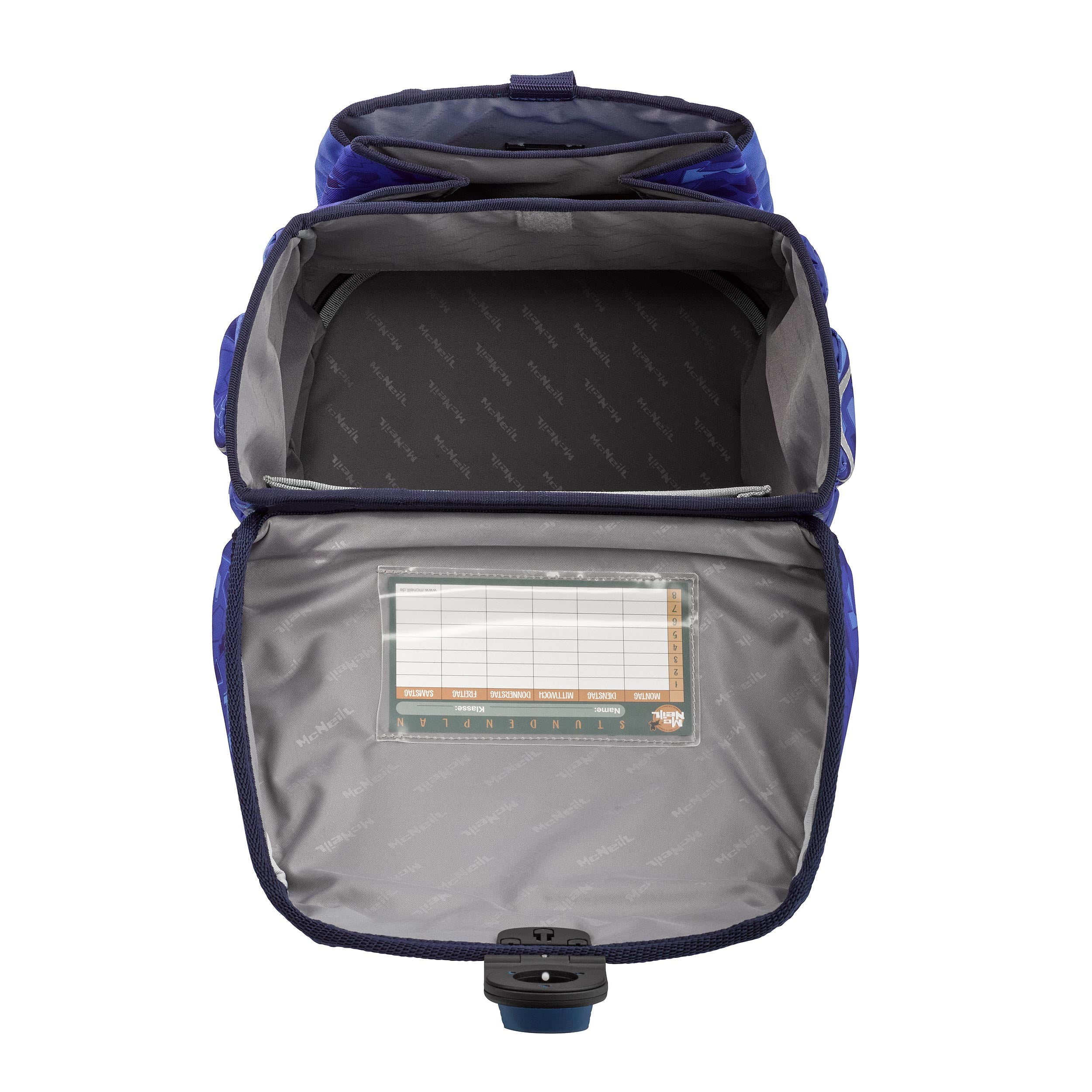 Blauer McNeill Schulranzen Ergo Complete Innenansicht mit extra Fach und zusätzlichem Frontfach
