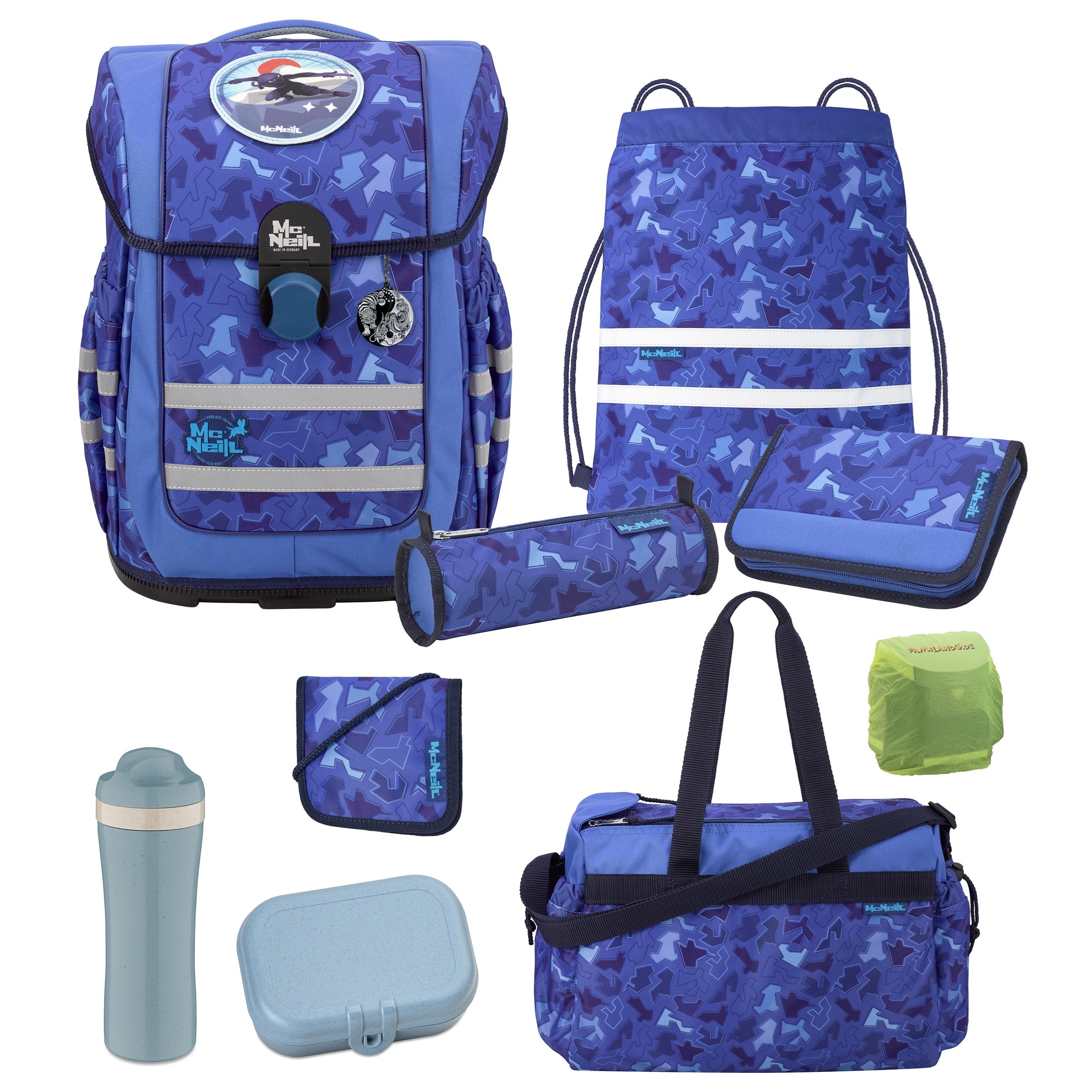 Blauer McNeill Schulranzen Ergo Complete mit Ninja Motivmagnet 9-teilig mit Sporttasche