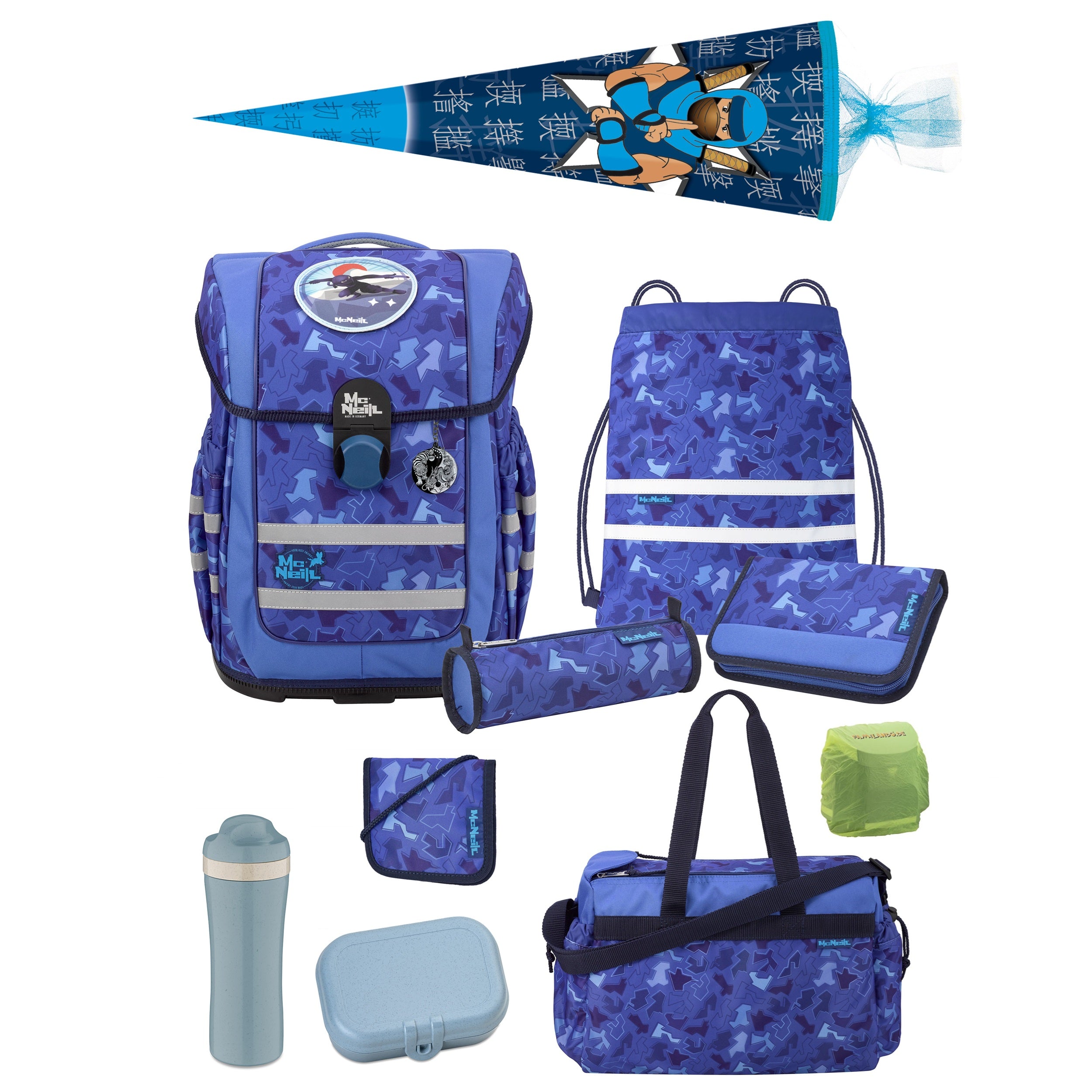 Blauer McNeill Schulranzen Ergo Complete mit Ninja Motivmagnet 10-teilig mit Sporttasche und Ninja Schultüte