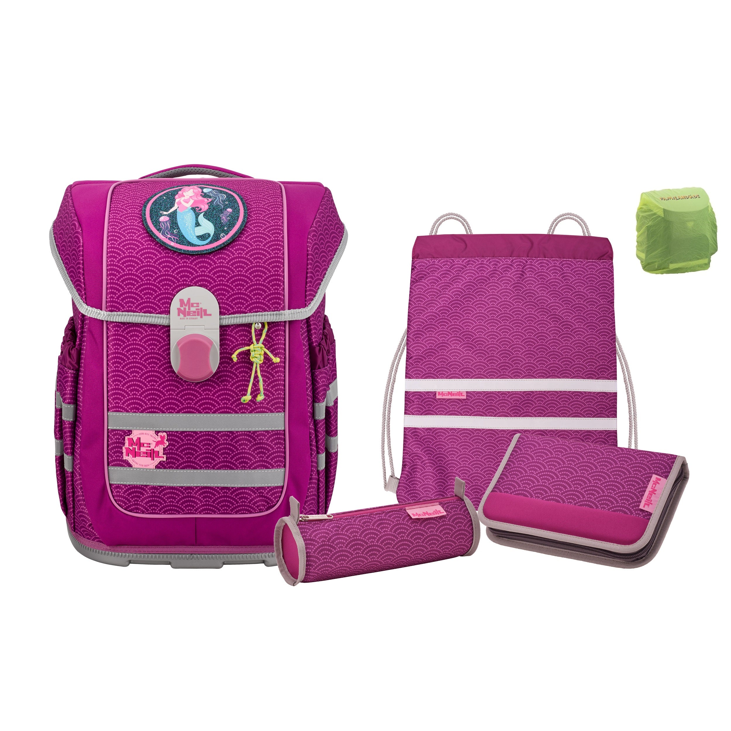 McOcean Puntopink Schulranzen Set 6-teilig mit Federmappe und Regenschutz-Hülle