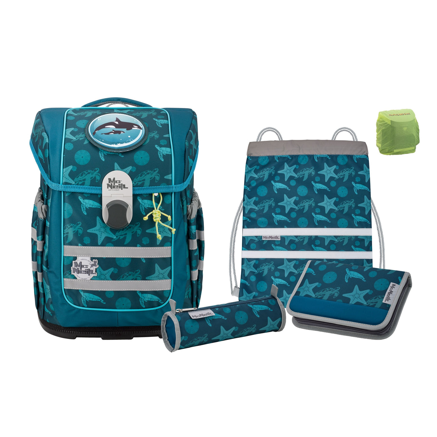 McOcean Sealife Schulranzen Set 6-teilig mit Federmappe und Regenschutz-Hülle
