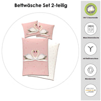 Infotafel Material und Waschhinweise zur Schwan Biber Bettwäsche aus 100% Baumwolle