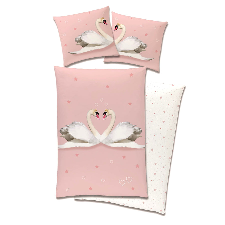 Rosa Bettwäsche mit Schwan-Motiv für Mädchen in Biber Qualität 135x200 + 80x80