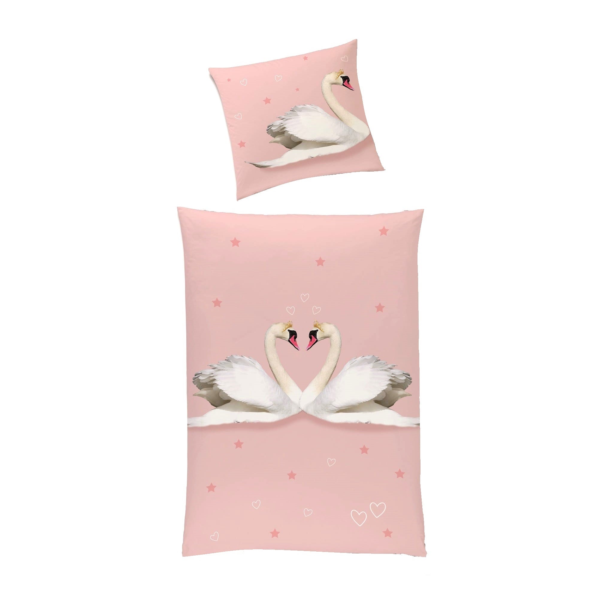 Vorderseite Schwan Bettwäsche rosa mit 2 Liebesschwänen