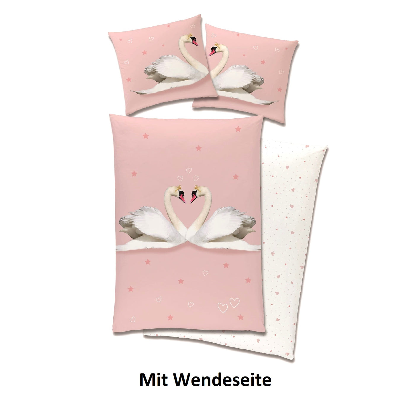 Partner Bettwäsche Set 4tlg. | 135x200 80x80 | Flanell Bettwäsche mit Reißverschluss | Rosa verliebte Schwäne